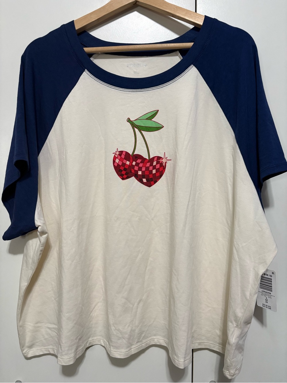 torrid Cream Raglan Tee with Navy Sleeves & Red Cherry Graphic